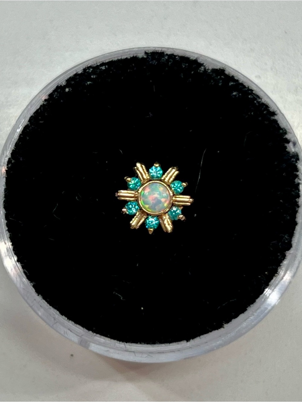 BVLA Mini Toltec 16/18g YG Threaded End with Paraiba Tourmaline and Opal